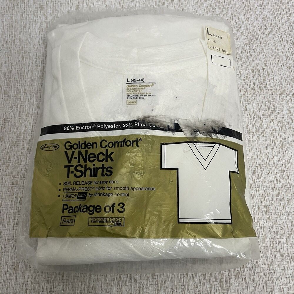 Vintage Sears Best Mens L Golden Comfort V-Neck T-Shirts Nip Read